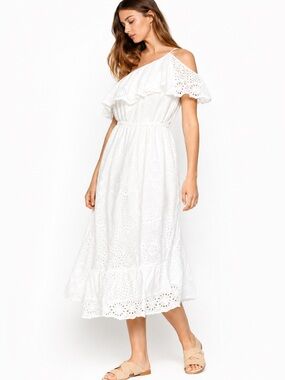 Joie Corynn One-Shoulder Eyelet Midi Dress Medium White Ruffle Cotton NWT